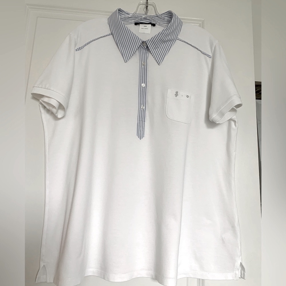 Marina Sport by Marina Rinaldi Striped Collar White Polo Top size XL